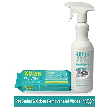 Kolan Organic Eco-Friendly Pet Stains & Odour Remover 700 ml ||for Soft Surfaces || and Pet Wipes for Dogs, Cats and Other Pets 60 Pcs/Pack - (Combo Pack)