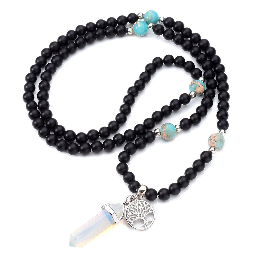 JOVIVI 6mm Matt Schwarz Achat Perlen Armband Buddha Armreif Wickelarmband Halskette mit Lebensbaum Hexagon Säulen Anhänger (Opalite)
