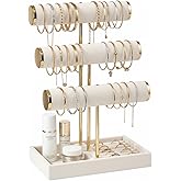 Pangkeep 3 Tier Bracelet Necklace Holder,Jewelry Displays for Vendors,T Bar Velvet Jewelry Stand with Tray,Jewerly Organizer for Bangles Necklace Scrunchie Watches Rings (Beige)