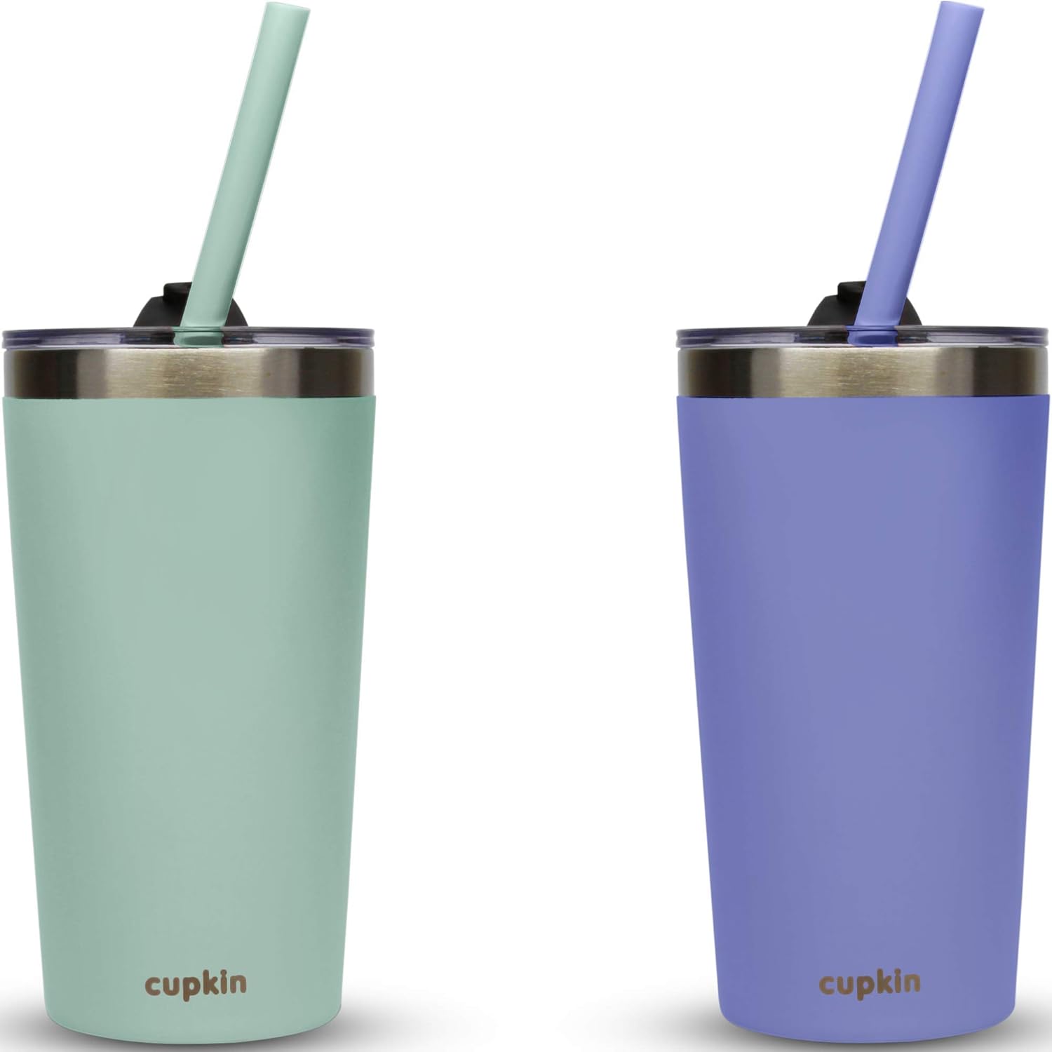 Stackable Stainless Steel Kids Cups for Toddlers (EASY to Clean) - Set of 2 Powder Coated Vacuum Insulated Tumblers, 2 Non BPA Lids & 2 Food Grade Reusable Silicone Straws (Aqua + Perriwinkle, 12 OZ)