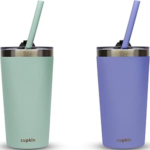 Stackable Stainless Steel Kids Cups for Toddlers (EASY to Clean) - Set of 2 Powder Coated Vacuum Insulated Tumblers, 2 Non BPA Lids & 2 Food Grade Reusable Silicone Straws (Aqua + Perriwinkle, 12 OZ)