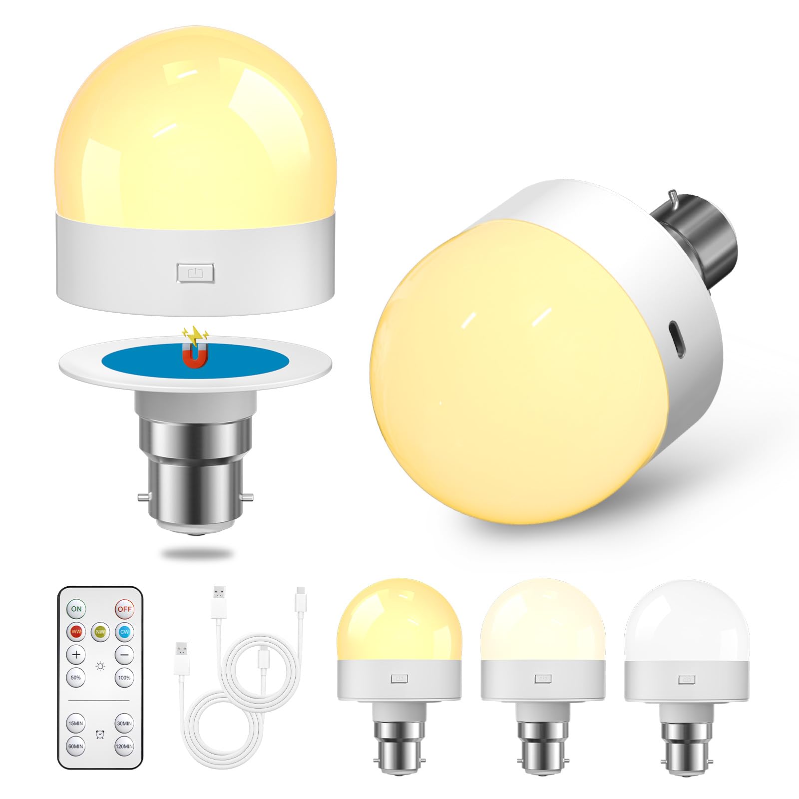Lamptobe B22 Rechargeable Light Bulb,1.5W LED Dimmable Rechargeable Night Light with Remote Control, 3 Color Temperatures, Bayonet Detachable Cordless Bulb for Non - Hardwired Lamps, 2 Pack