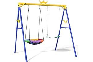 Yohood Swing Set, Swing Sets for Backyard, Outdoor Swing Set for Kids/Adults with Saucer Swing Seat and Belt Swing Seat, 440lbs Heavy Duty Metal A-Frame Blue
