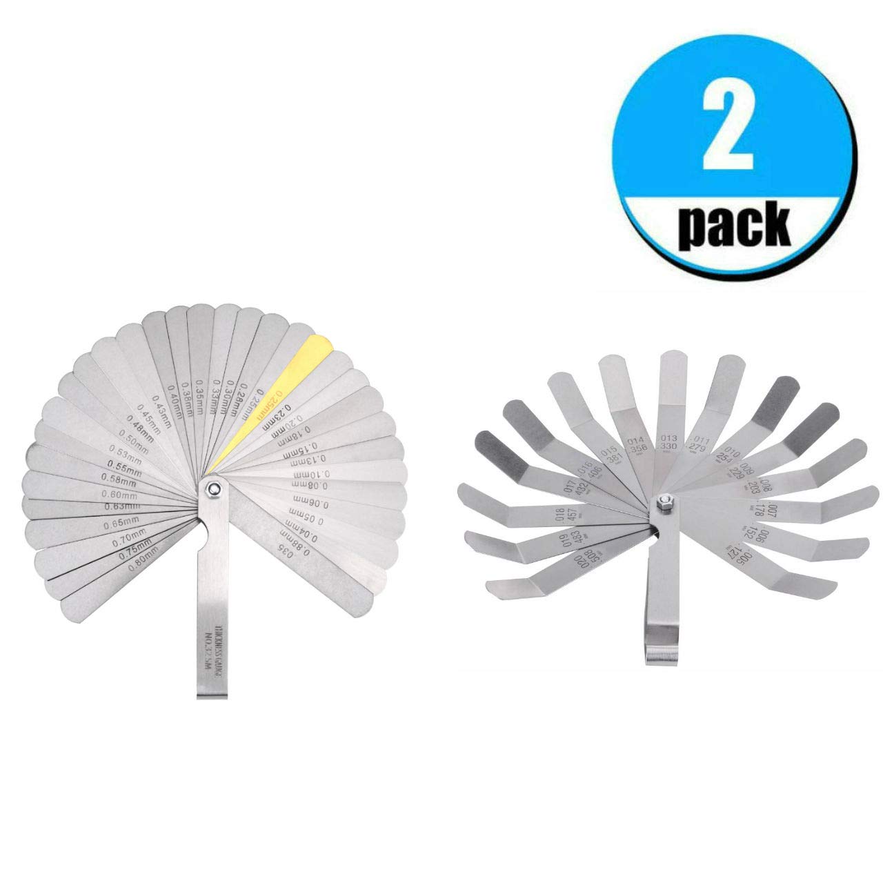 ZUZUAN 1 Pack Feeler Gauge with 32-Blade and 1 Pack Offset Feeler Gauge with 16-Blade, Gauge Dual Marked Metric and Imperial Gap Measuring Tool