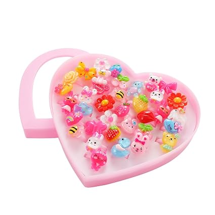 Leoie Kids Assorted Cute Resin Acrylic Cartoon Rings Toy with Plastic Storage Box Party Favors Girls Gift (Style Random) 36PCS/Heart-Shaped Box