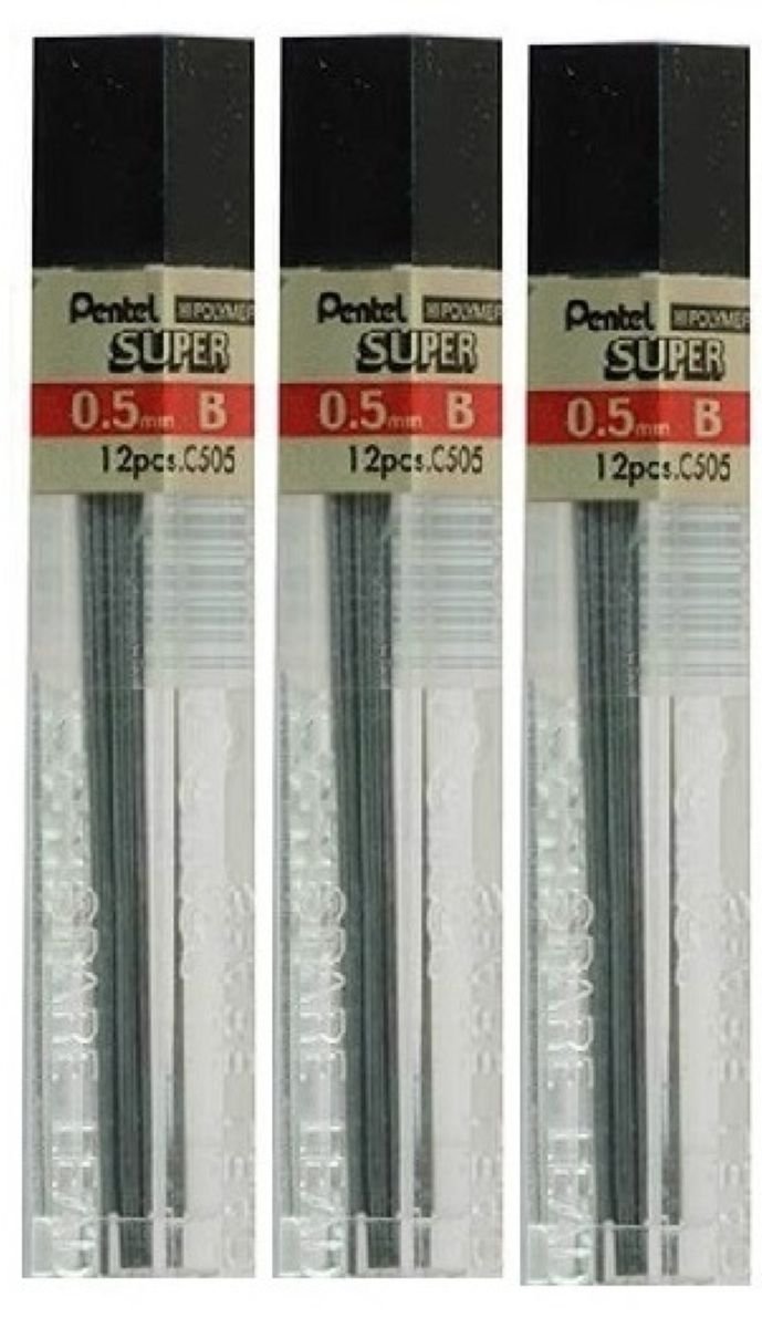 Pentel 0.5mm Size B Shade Hardness Pencil Refill Replacement Spare Leads Hi Pollymer Super for Automatic & Mechanical Pencils (Pack of 3 Tubes - 36 Pieces)