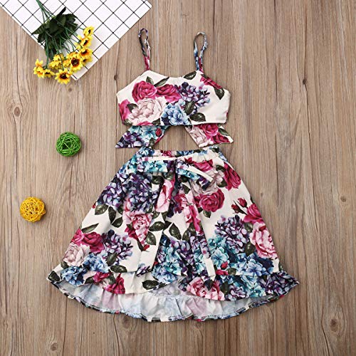 Toddler Baby Girls Ruffle Strap Top+Boho Floral Skirt Summer Outfit Clothes Two Piece Set (Full Floral-Hydrangea&Rose, 1-2T) - Thumbnail 2