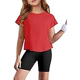 Haloumoning Girls Loose Athletic Shirts Short Sleeve Crop Tops Kids Quick Dry Gym Yoga Tees 5-14 Years