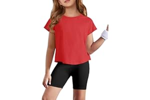 Haloumoning Girls Loose Athletic Shirts Short Sleeve Crop Tops Kids Quick Dry Gym Yoga Tees 5-14 Years