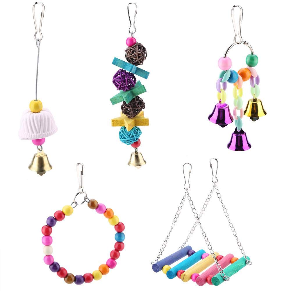 5pcs Wooden Bird Parrot Toy, Colorful Bird Swing Hanging Toy Pet Bird Chew Climbing Toy Set for Parrots, Parakeets Cockatiels, Conures, Macaws, Love Birds, Finches