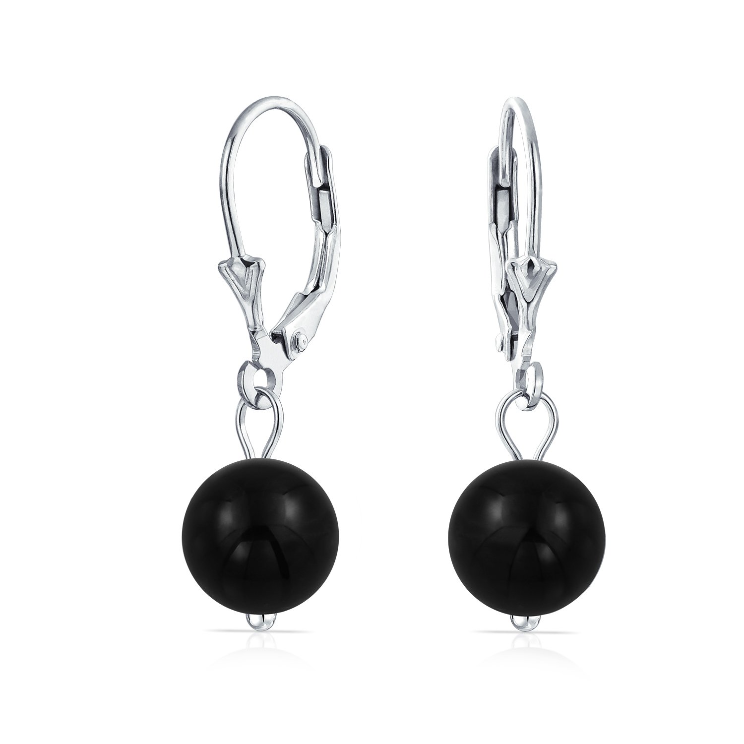 Simple Plain Basic Round Onyx Bead Ball Dangle Lever back Earrings For Women Teen Black .925 Sterling Silver — image 1
