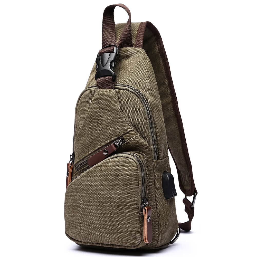 WTiger Canvas Sling Bag Crossbody Backpack Shoulder Casual Rucksack for Men Women Outdoor Cycling Hiking Travel Fishing Shopping trekking Green