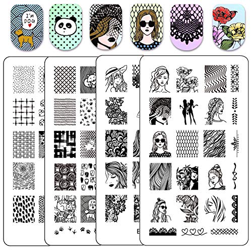 Ejiubas Nail Stamping Plates Set Double Sided Nail Art Stamping Kits Girls & Pets Image Plates Nail Art Design EJB-X10&X16