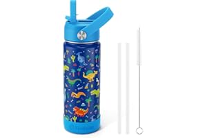 Fimibuke Kids Insulated Water Bottle - 18oz BPA-FREE 18/8 Stainless Steel Kid Cup with Straw Travel Tumbler Double Wall Vacuum Leak Proof Toddler Water Bottle for School Boy Girl(1 Pack,Blue Dinosaur)