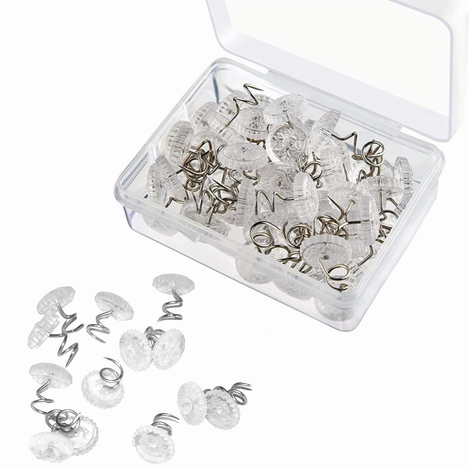 100Pcs Clear Head Upholstery Twist Pins with Storage Box - Plastic Tacks for Bed Skirts, Slipcovers, Mattresses & Headliners
