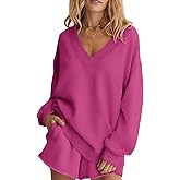 Ovanviso Womens Fleece Lined V Neck Sweatshirts Oversized Pullover Trendy Fashion Sweater Loose Fit Tops