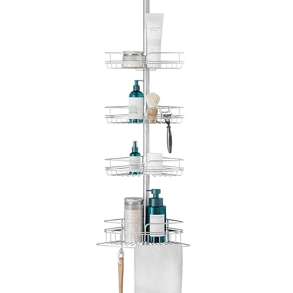 ZENNA HOME TENSION POLE SHOWER CADDY CORNER ORGANIZER, ADJUSTABLE STANDING SHOWER CADDY WITH 4 BASKETS AND BUILT IN TOWEL BAR, RUST RESISTANT BATHROOM TENSION ROD ORGANIZER, 60 TO 97 INCH, CHROME