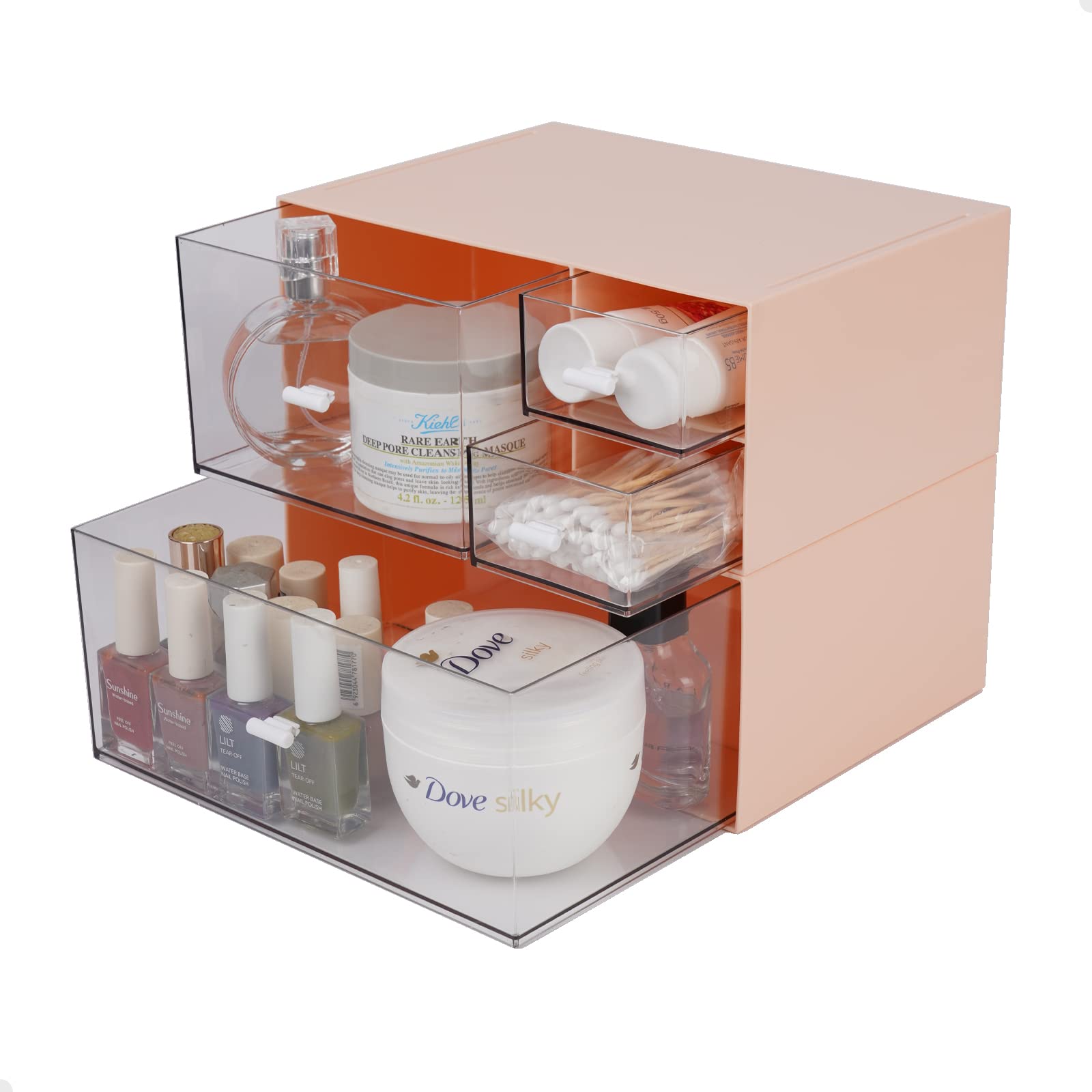 OSteed Desk Stackable Organiser with 4 Drawers, Pink Skincare Organizer, Office Organizer Box, Small Plastic Storage Drawer Unit, Makeup Drawer Organizer, 2 Deep Layers