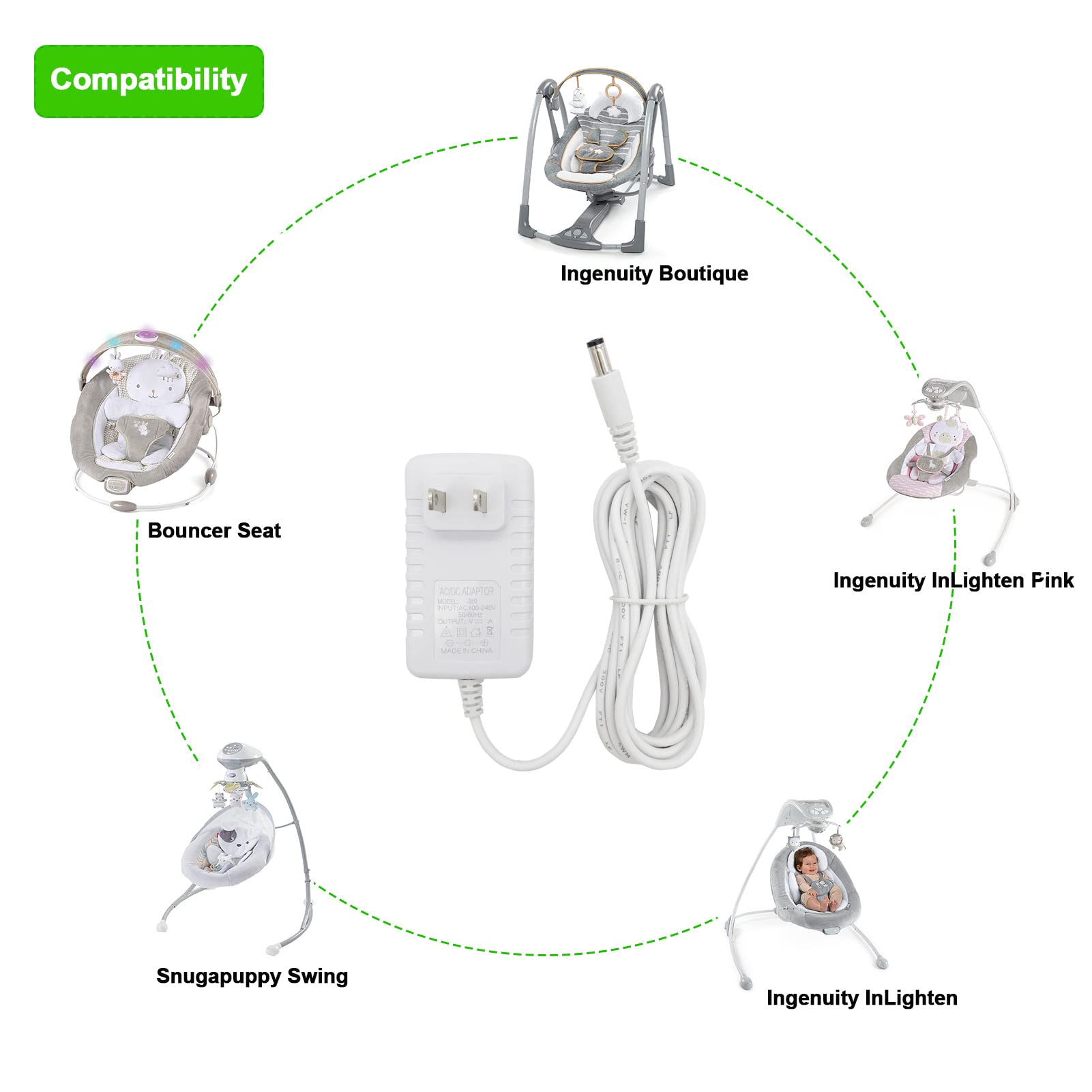 10 ft Snugapuppy Power Cord Replacement for Fisher Price/Ingenuity Baby Swing 6V AC DC Adapter, Charger Cable