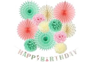 Easy Joy Mint Peach Birthday Party Decorations Supplies Set With Pink Cream Mint Green Paper Fans Pom Pom Flowers Happy Birth
