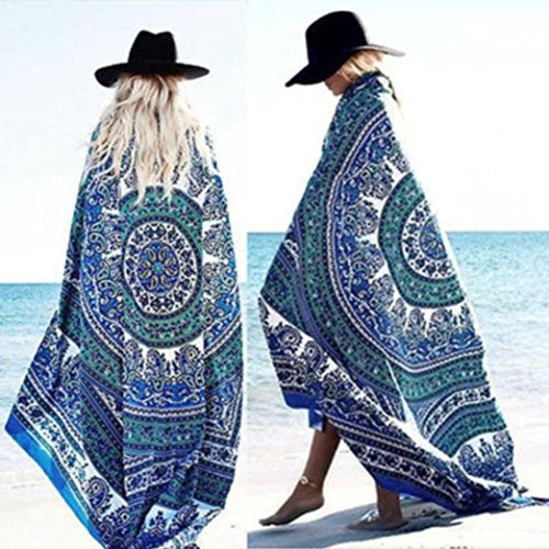 Usstore Summer Printing Bohemian Round Hippie Beach Throw Pool Home Beach Cover Up Dress Swimwear Bathing Suit Kimono Tunic Yoga Mat Tassel Fringing (B) - Thumbnail 2