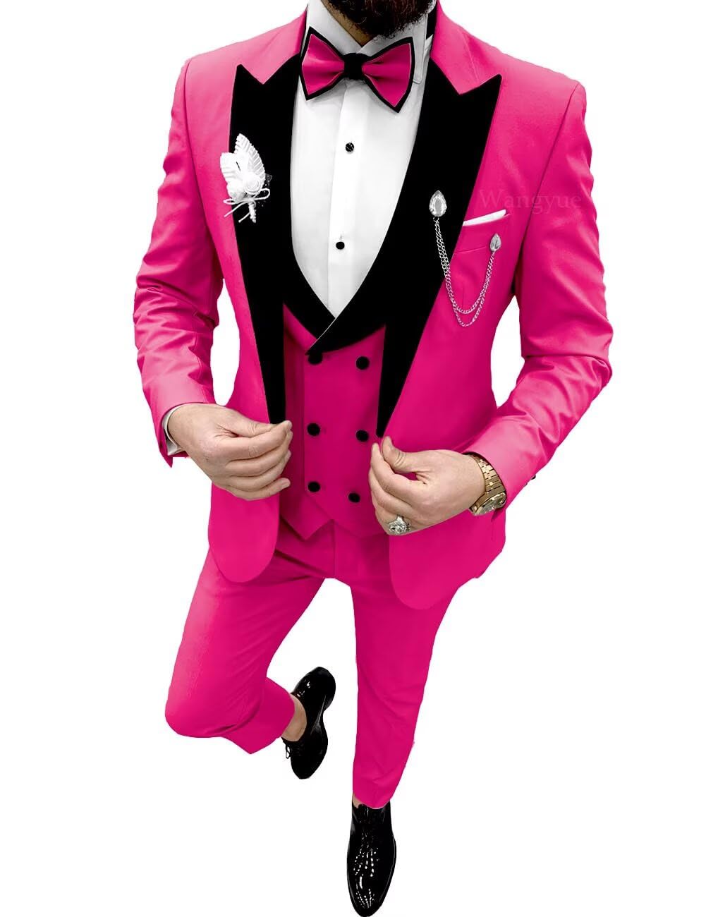 Wangyue Prom Suit Tuxedo Sets 3 Pieces Hot Pink