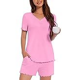 ALIGADUO Womens Summer Comfy V Neck Sleepwear Pjs Casual Two Piece Pajama Set With Pockets