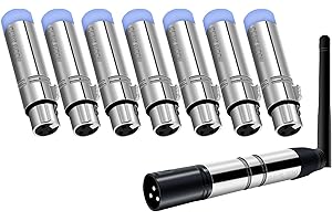 Wireless DMX, OUNS MOON 8PCS Metal 2.4G DMX512 1 Male Transmitter & 7 Female Receivers, Real-Time Data Transmission, for Light Controller, DJ Equipment, Disco, Concert, PAR Effect Lamp, Silver