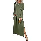 ANRABESS Women Long Sleeve Dresses 2025 Fall Casual Crewneck Loose Fit Split Flowy Wrinkle-Free Travel Vacation Maxi Dress