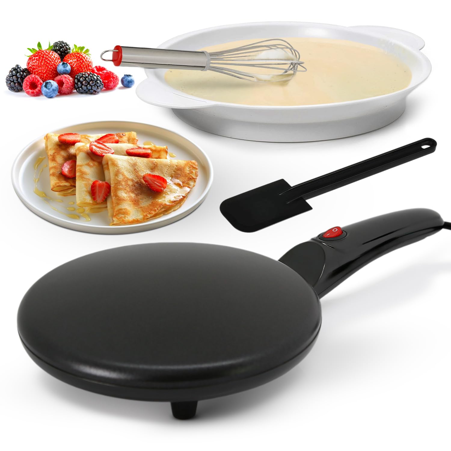 Photo 1 of Nutrichef Electric Crepe Maker | 8-inch Nonstick Cooktop with On/Off Switch | Cooks Roti, Tortillas & Pancakes | Automatic Temperature Control & Cool Touch Handle | Includes Food Bowl, Whisk & Spatula