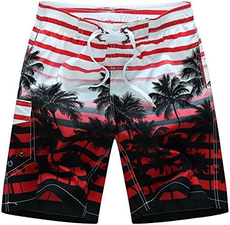ALiberSoul Men's Coconut Tree Print Tropical Design Boardshorts (US XL, Red)