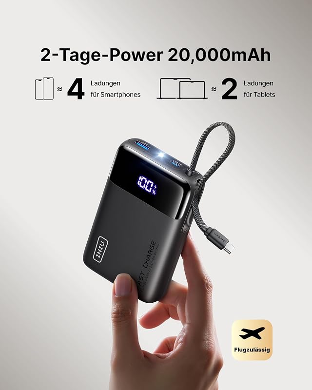 45W Power Bank, Klein 20000mAh Handyakkus mit Integriertem USB-C Kabel