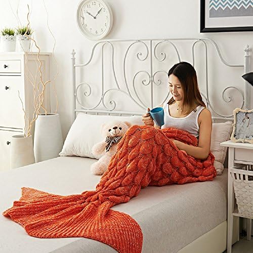 Prosshop Mermaid Tail Blanket Knit Crochet and Mermaid Blanket with Scale for Adult, All Seasons Sleeping Blankets (32''×71'', Orange)