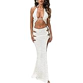 REASERAL Womens Sexy Knited Skirt Outfits Sleeveless Halter Crop Top Slit Hollow Out Maxi Skirt Vacation Set