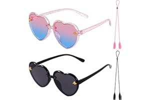 obmwang 2 PCS Kids Heart Shaped Sunglasses Cute Bee Glasses with Strap for Girls Boys Age 3-10 UV400 Protection Outdoor Beach