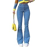 High Waisted Striped Bell Bottom Jeans for Women Stretchy Hem Raw Vintage Wide Leg Flared Denim Pants