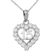 .925 Sterling Silver White Cubic Zirconia Sweet 15 Años Quinceanera Open Heart Pendant Necklace - Choice of Necklace Chain Length or Pendant Only