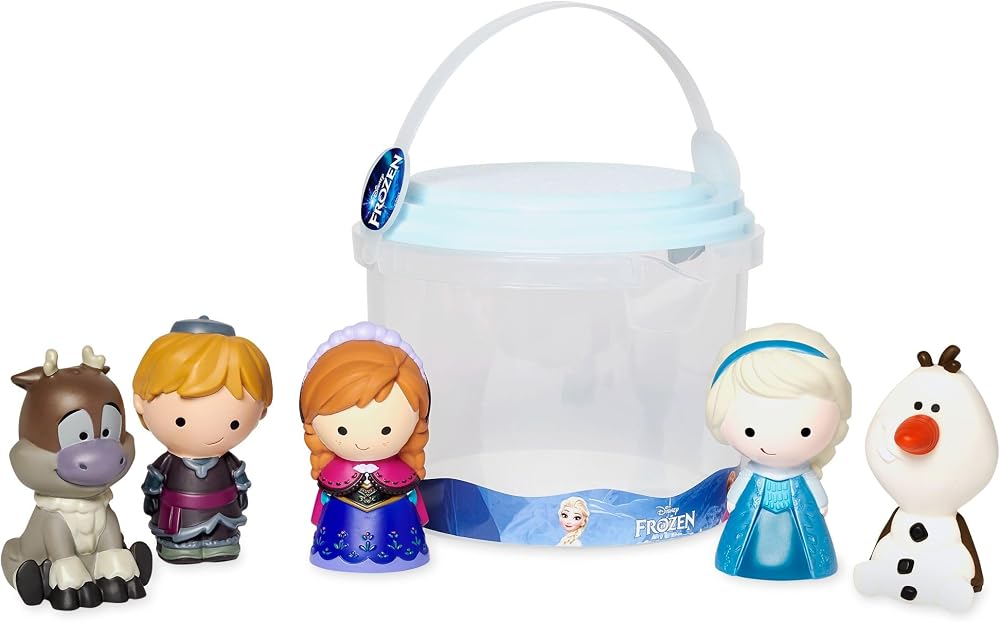 Disney Store Frozen Bath Toy Set Five Dolls Anna Elsa Olaf Sven Kristoff Bucket