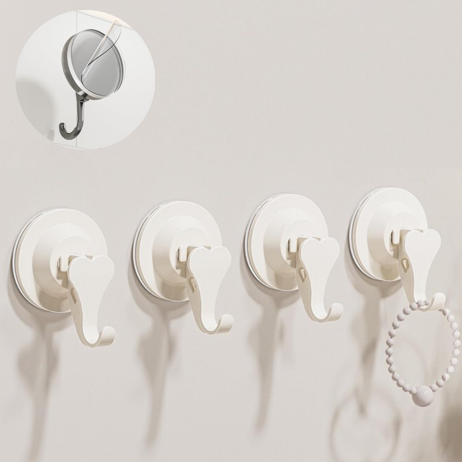 Boxonly Suction Cup Hooks for Shower, Heart Shape for Hanging in Shower, Mounting on Glass, Tile, Mirrors, or Metal Surfaces - Cream (4 Pack)