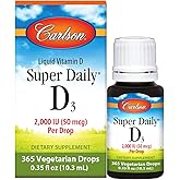 Carlson - Super Daily D3, Vitamin D Drops, 2,000 IU per Drop, 1-Year Supply, Vitamin D3 Liquid, Heart & Immune Health, Vegetarian, Liquid Vitamin D Drops, Unflavored, 365 Drops