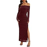 Relipop Women Off Shoulder Dress Long Sleeve Bodycon Mesh Ruched High Split Spring Formal Wedding Guest Maxi Dresses