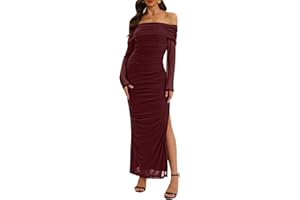 Relipop Women Off Shoulder Dress Long Sleeve Bodycon Mesh Ruched High Split Fall Formal Wedding Guest Maxi Dresses