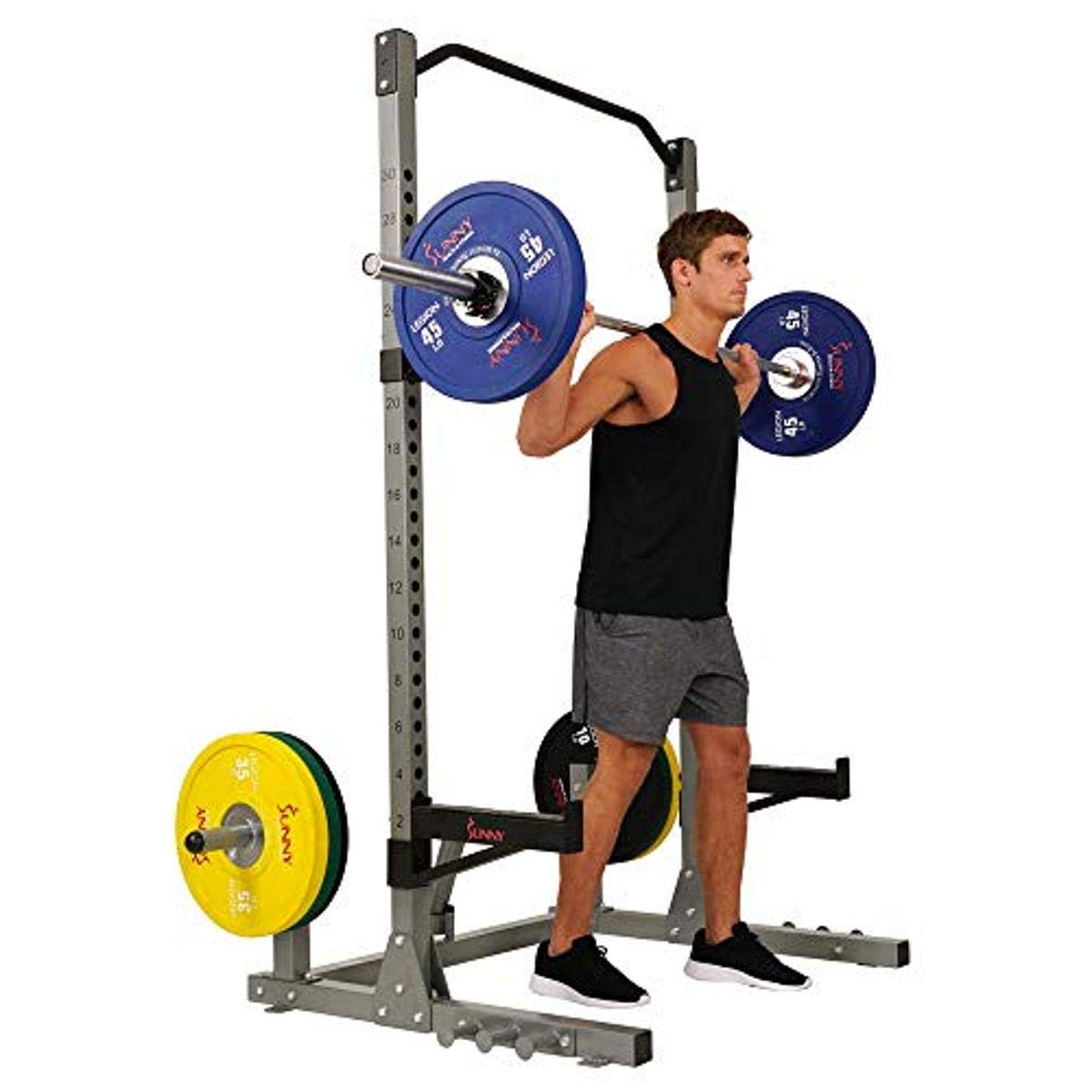 Sunny Health & Fitness Power Cage and Squat Rack In High Weight Capacity with J-Hooks, Adjustable Pull Up Bar, Weight Plate Holders, Resistance Band Posts