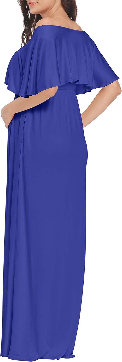 2 Style V-Neck or Off Shoulder Ruffle Maternity Maxi Dress with Pockects for Photoshoot or Baby Shower at  Women’s Clothing store