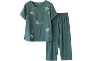 breaise Womens Casual Pajama Outfits Summer Plus Size 2 Piece Sets Soft Crew Neck Short Sleeve Tops Capri Lounge Pants