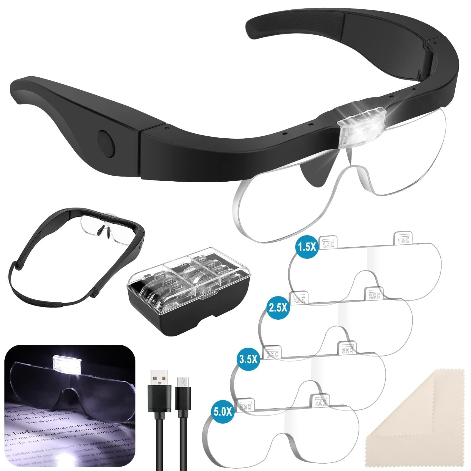 Linkstyle Magnifying Glass with Light, 1.5X- 5X Headband Magnifier with 4 Detachable 5H Hardness Lense for Watch Repair