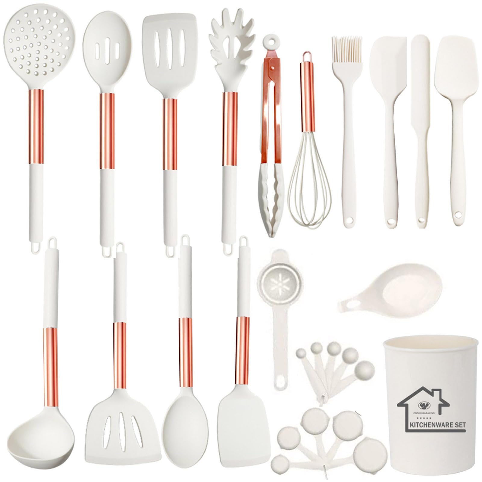 UXIYI Kitchen Utensils Set, Silicone Cooking Utensils, 27Pcs Spatula Set with Rose Gold Stainless Steel Handle,Cream
