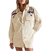 Loafawes Womens Oversized Button Down Blouses Trendy Floral Embroidered Long Sleeve Collared Fall Casual Shirt Jacket