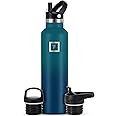 IRON °FLASK Camping & Hiking Hydration Canteens - 3 Lids (Narrow Straw Lid) Leak Proof Vacuum Insulated Stainless Steel - Hot & Cold Double Walled Sports Water Bottle - Dark Night, 24 Oz