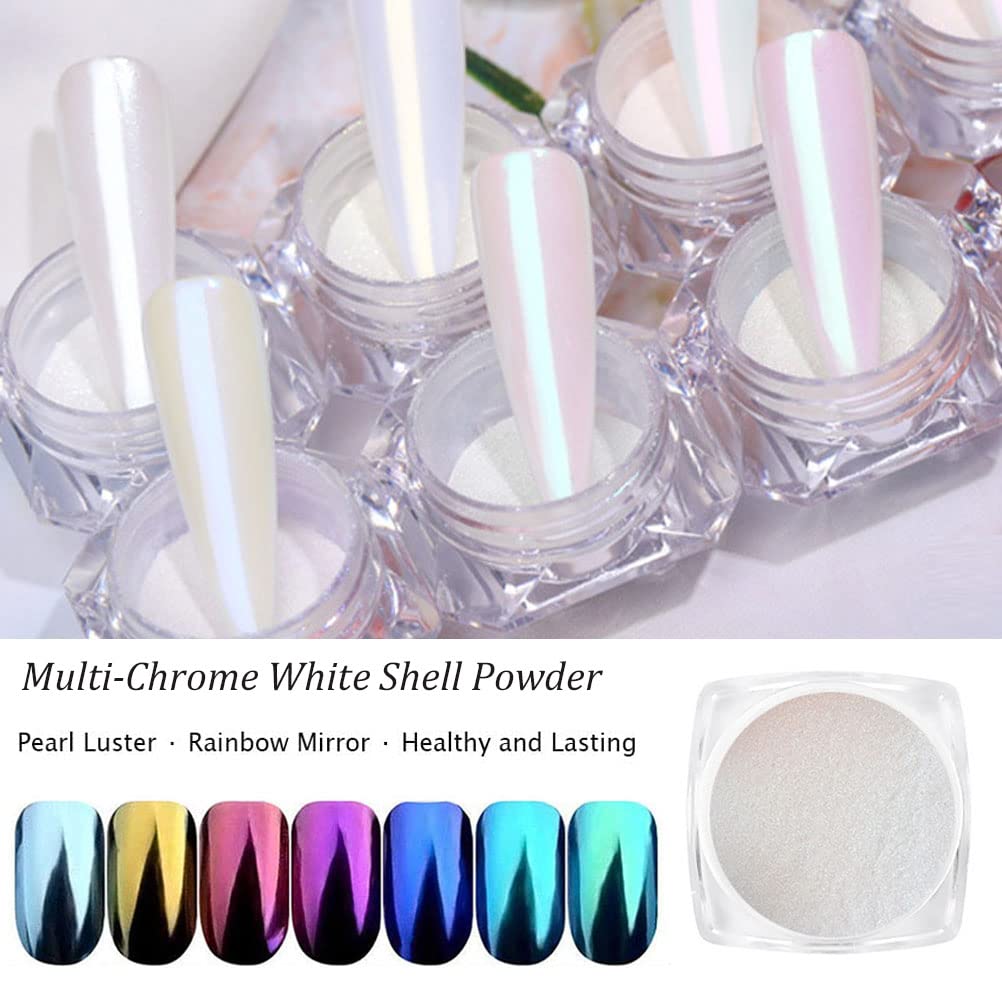 7 Colors White Pearl Chrome Nail Powder - Aurora Metallic Holographic Mirror Effect - Iridescent Shell Glitter Nail Art Pigment for Manicure (White Pearl) - Image 2